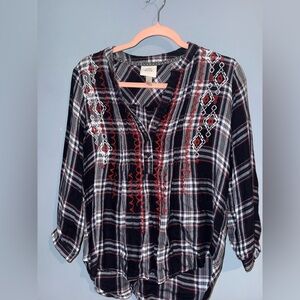 Knox Rose Black and White Plaid Blouse with Red Embroidery